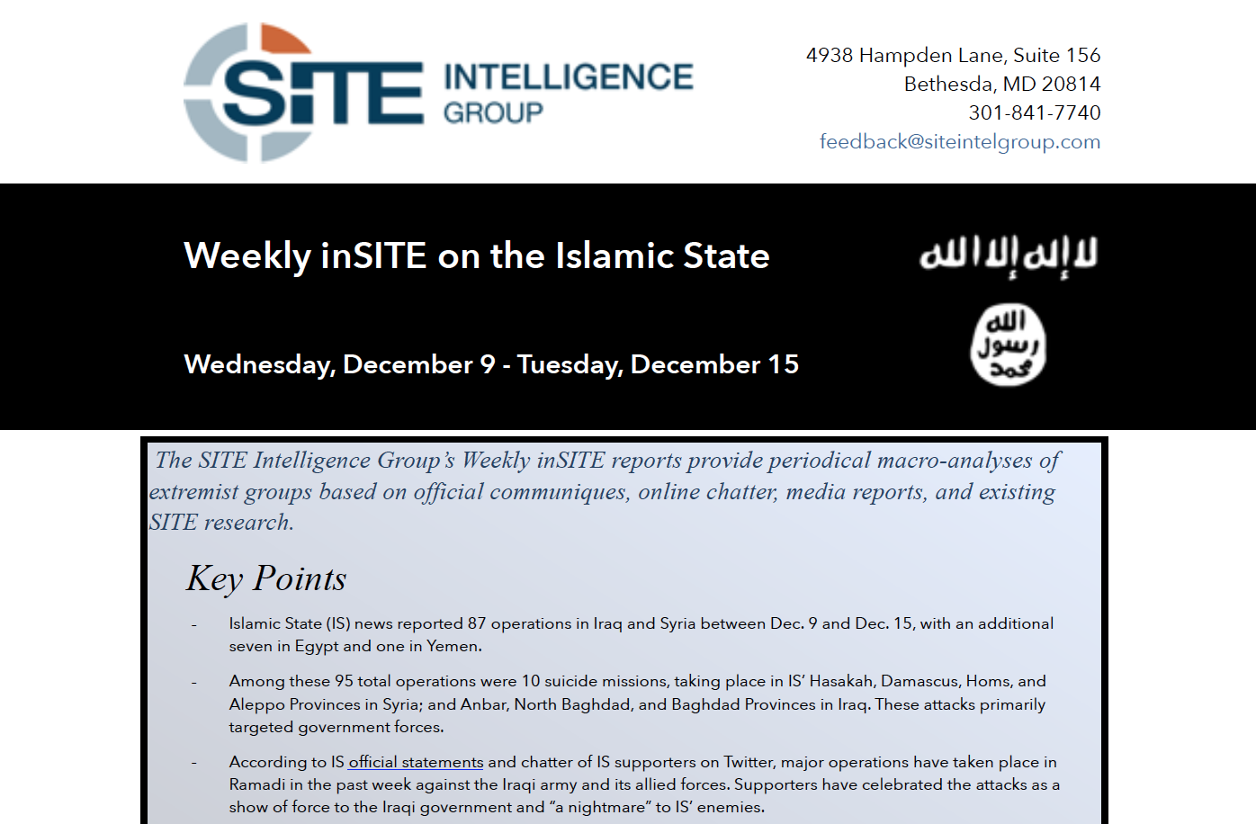 Weekly inSITE on ISIS, Dec 9 - Dec 15
