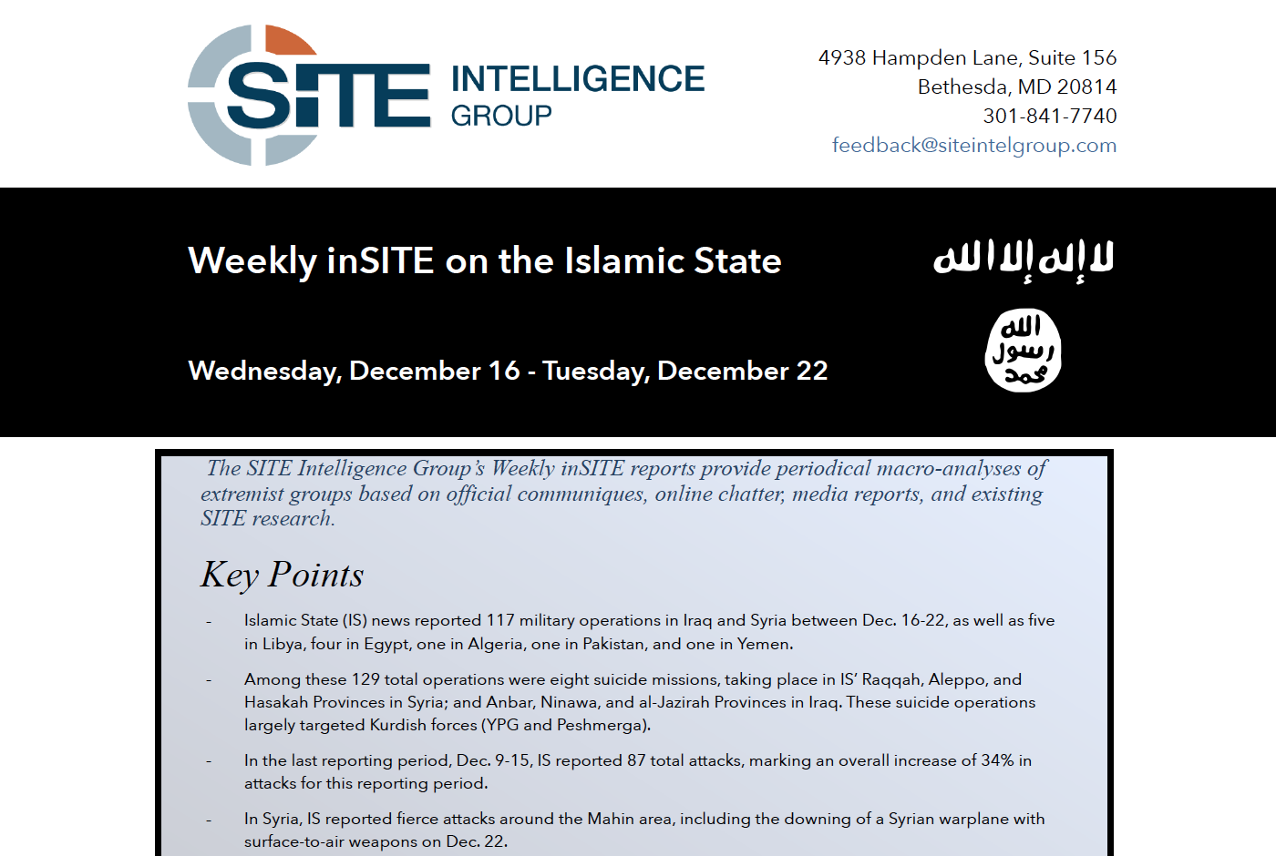 Weekly inSITE on the Islamic State, Dec 16 - 22, 2015