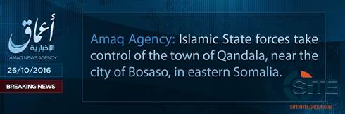 Amaq Reports IS Fighters Seizing Town in Puntland State of Somalia