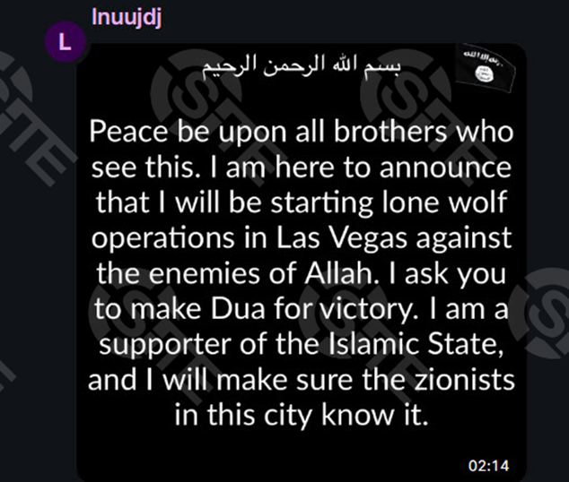 Peace be upon all brothers who see this. I am here to announce that I will be starting lone wolf operations in Las Vegas against the enemies of Allah. I ask you to make a Dua for victory. I am a supporter of the Islamic State, and I will make sure the Zionists in this city know it.