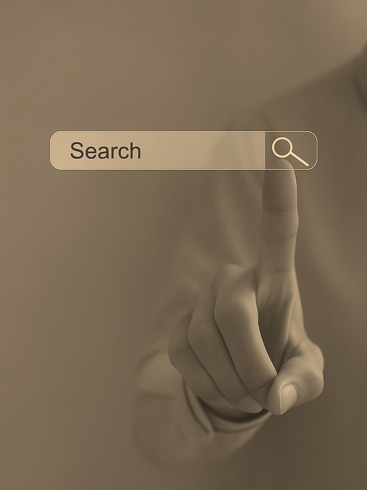 a hand pointing to a search user interface